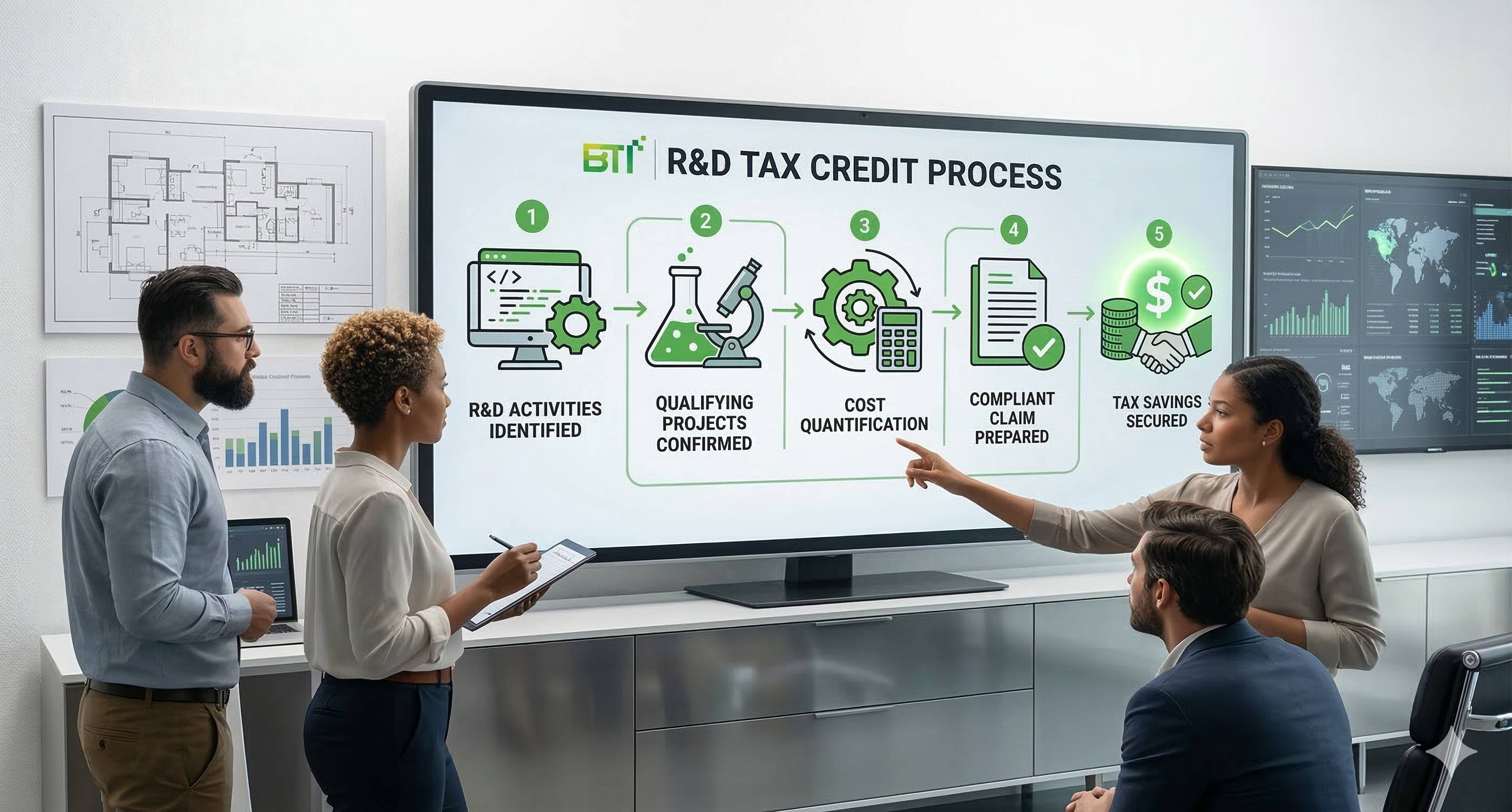 BTI R&D Tax Credit Process showing team members reviewing the 5-step process: R&D Activities Identified, Qualifying Projects Confirmed, Cost Quantification, Compliant Claim Prepared, and Tax Savings Secured